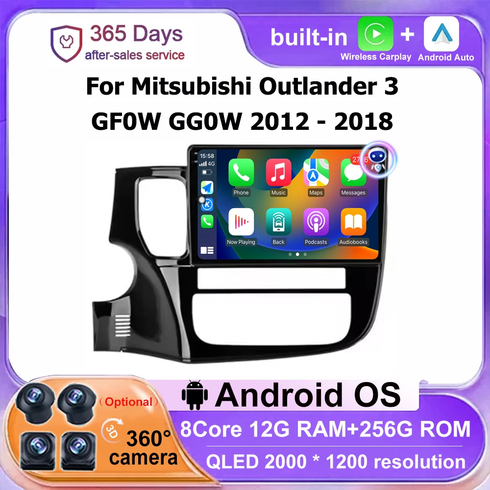 9'' For Mitsubishi Outlander 3 GF0W GG0W 2012 - 2018 Android Auto 2K Screen Car Radio Multimedia Player Stereo 4G BT Carplay