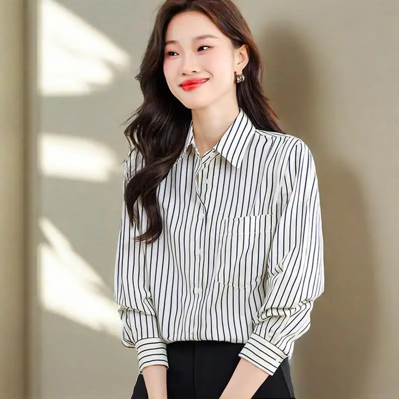 

Women Shirts Classic Striped With Pocket Fashion Women Blouses 2025 Ladies Office Work Wear Loose Tops Women Casual Clothing