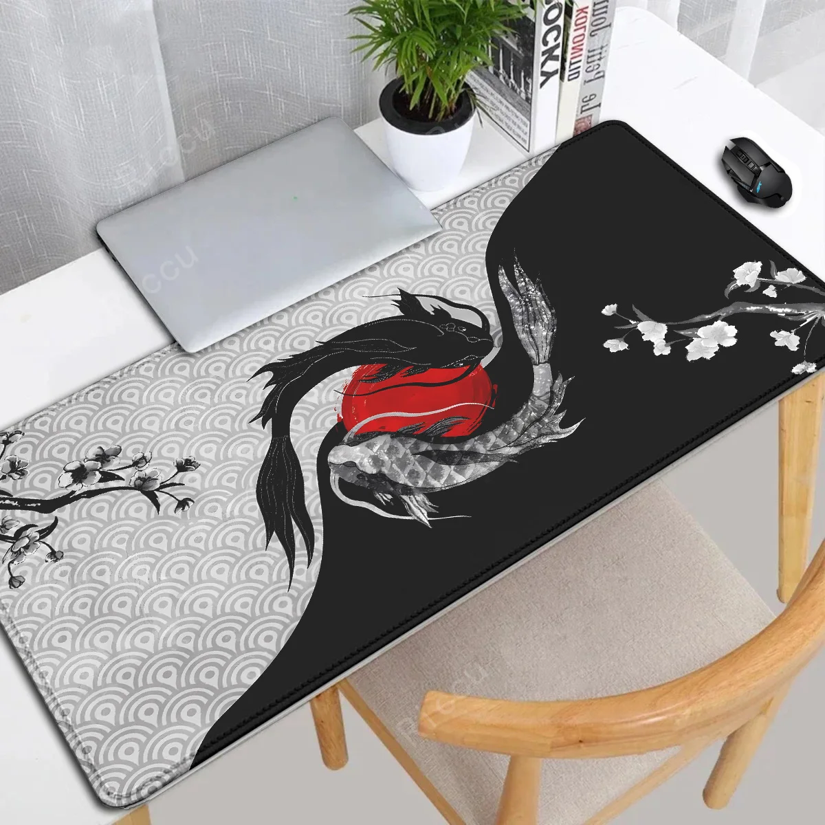 Imagem -02 - Tapete de Mesa Japonês para Deskmat de Jogos Borracha Mousepad Preto e Branco Peixe Koi Arte Japonesa Selo Yin-yang Grande Xxl