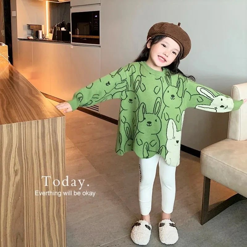 Kids Cute Rabbit Knit Sweaters for Girls Irregular O Neck Christmas Pullover Sweater Coat Toddler Baby Long Sleeve Sweaters 6 8