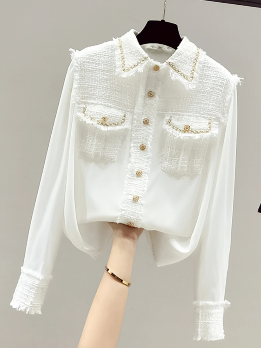 2023 Spring Autumn White Shirt Bottoming Shirt Women Trendy Polo Collar Long Sleeve Button Blouse Temperament Office Blusas Top