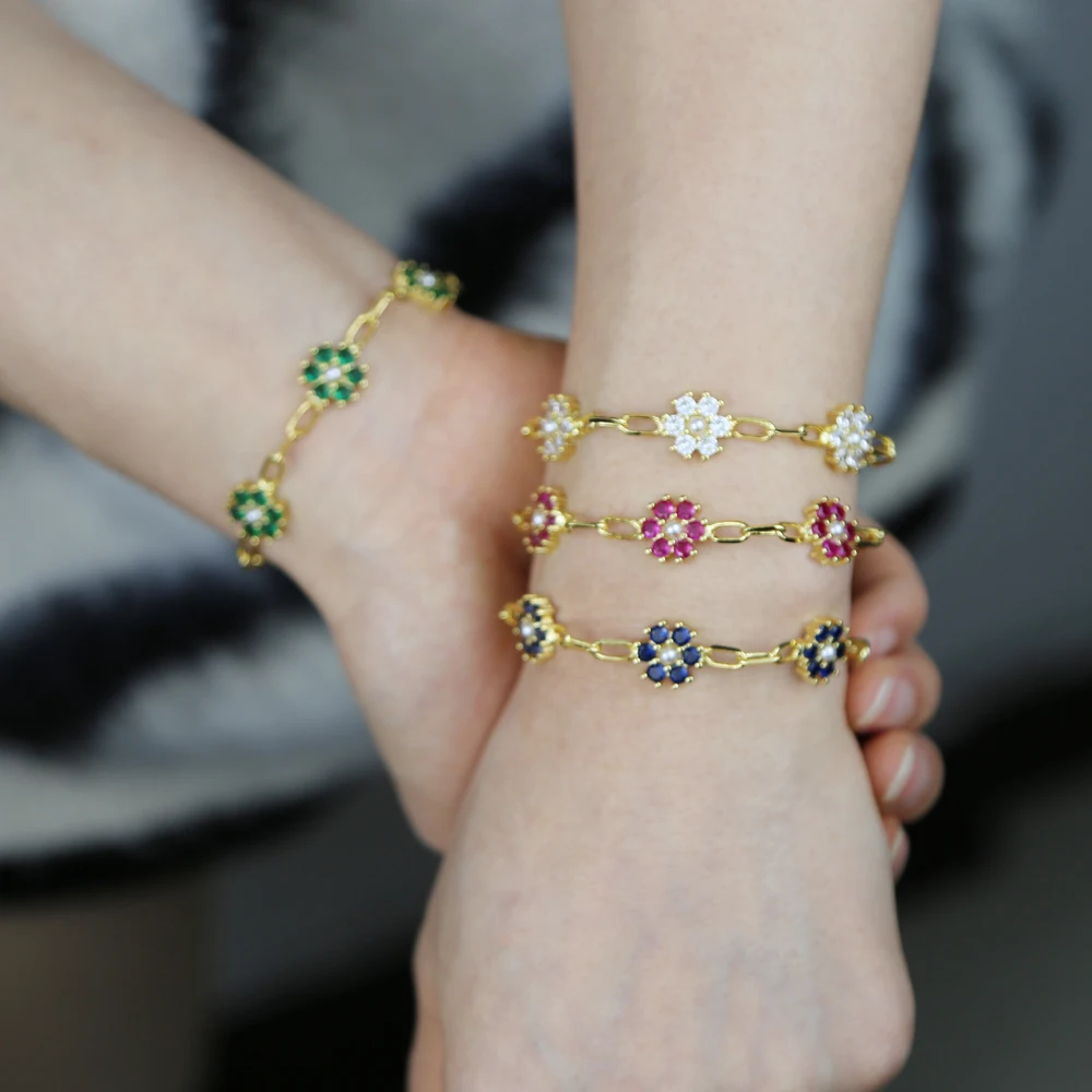 Colorful 2022 Spring New Jewelry Red Blue Green White CZ Pearl Beads Flower Charm Chain Bracelet