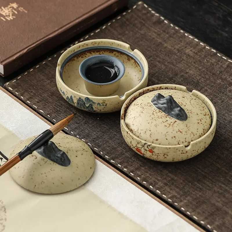 Firestone Red Ceramic Hot Pot Ink Stone with Lid Non Drying Ink Reservoir Moisturizing Ink Box for Beginner Brush Calligraphy