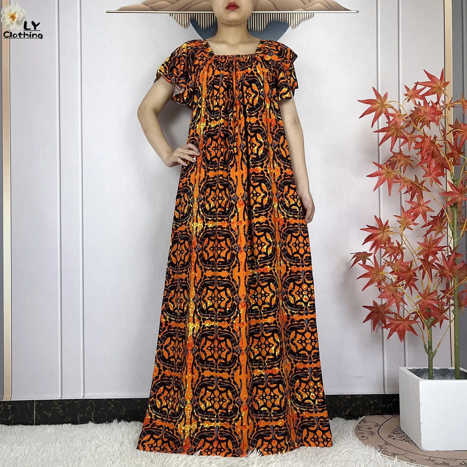 2024 Summer Short Sleeve African For Women Dashiki Dubai Printed Cotton Loose Fit Femme Robe Muslim Sets Abaya With Headscarf