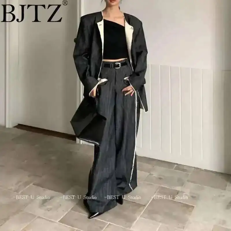 

BJTZ Two Piece Set Contrast Color Long Sleeve Jacket+wide Leg Loose Straight Blazer Pant Sets For Women 2025 Spring Autumn New