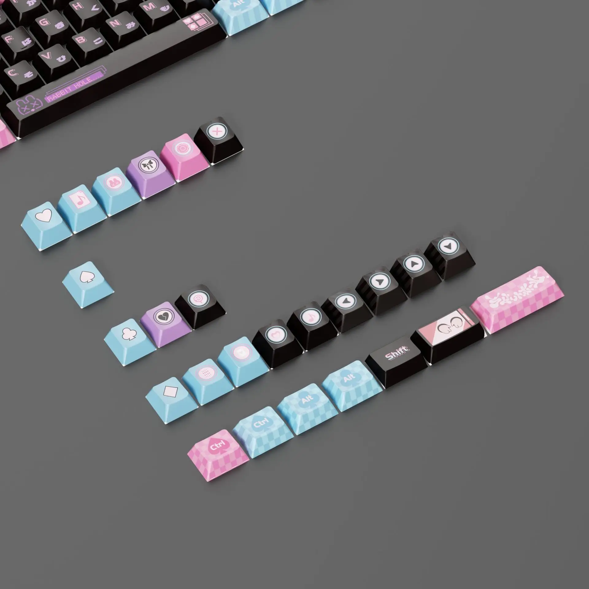 Keycaps Pink Anime Rabbit Hole Bahan PBT Dye-Sublimated 132-Key Set Lengkap Tinggi Standar Keyboard Mekanik