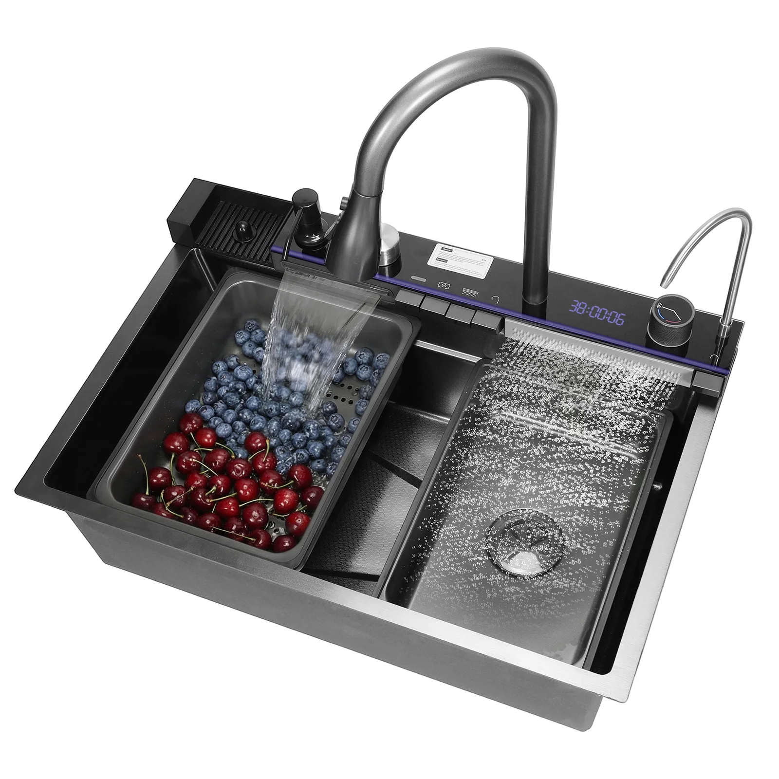 

Встраиваемая раковина для рабочей станции с корзиной для слива, водопадным изливом Flying Rain и выдвижным поворотным смесителем, с функцией подачи воды под давлением для мытья стаканов