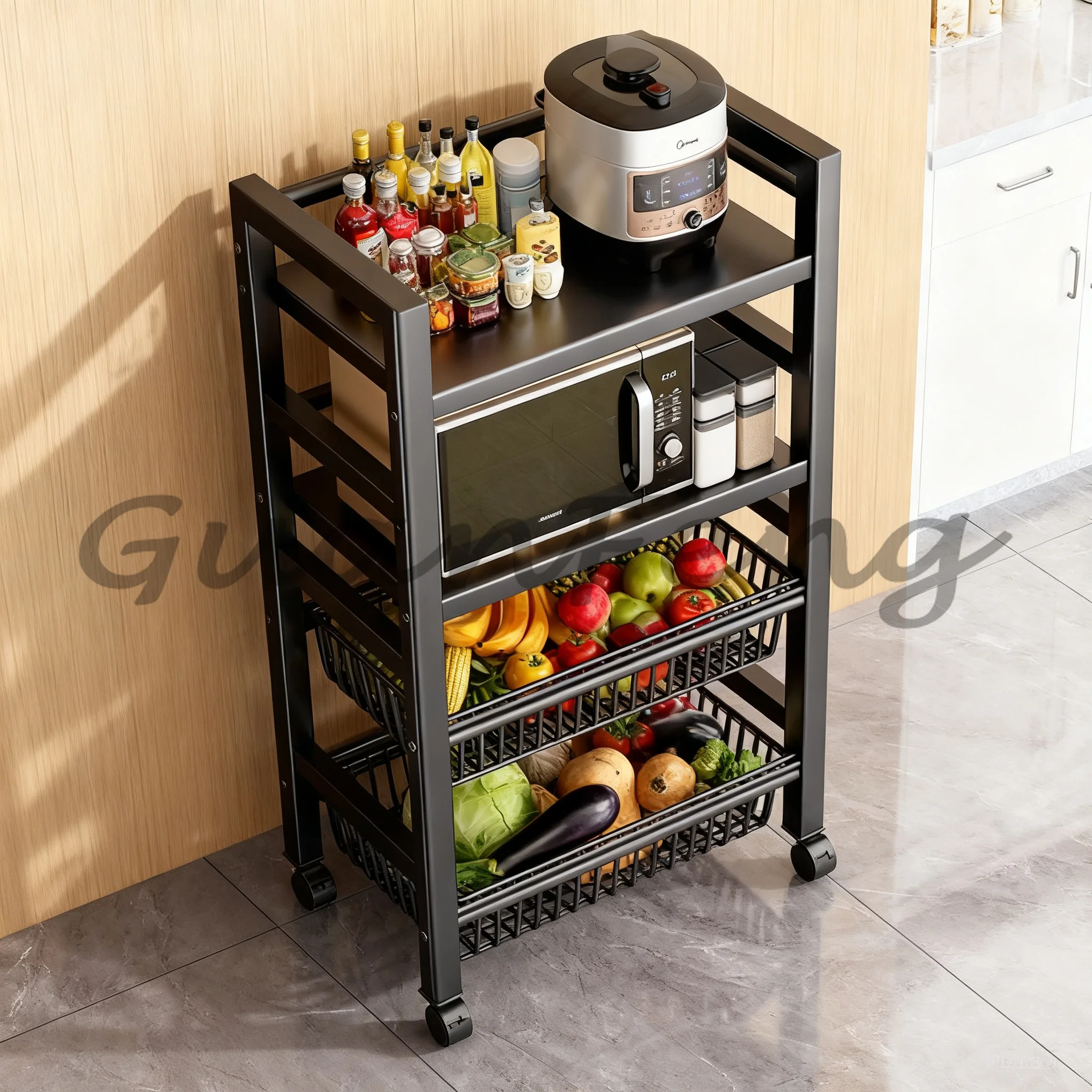 Rolling Multi Layer Kitchen Trolley with Detachable Veggie Basket, Mobile   Rack Cutlery Storage Cart