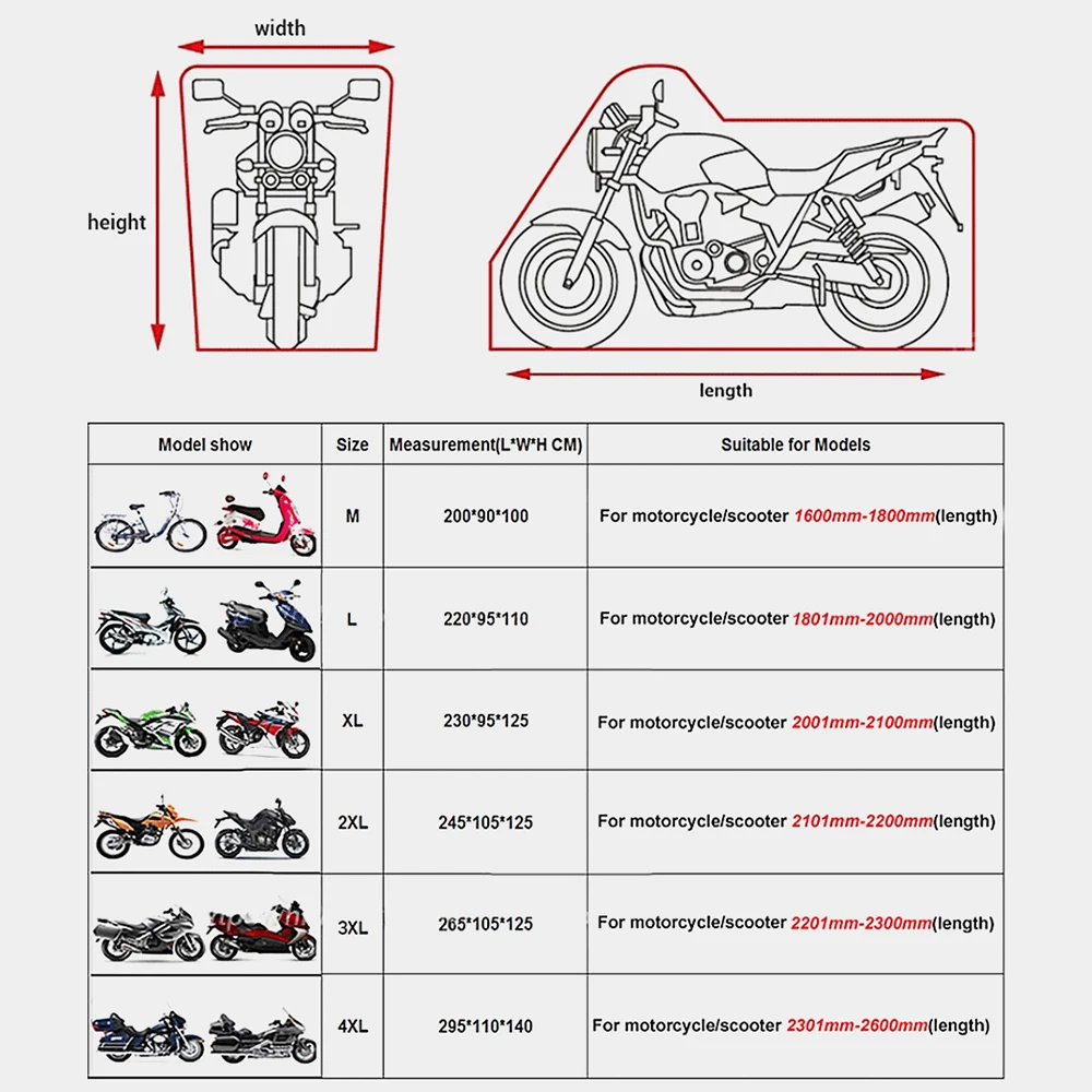 Waterproof Motorcycle Cover All Season Dustproof UV Protective Outdoor Indoor Scooter 190T Wear-resistant Fabric Motorbike Cover