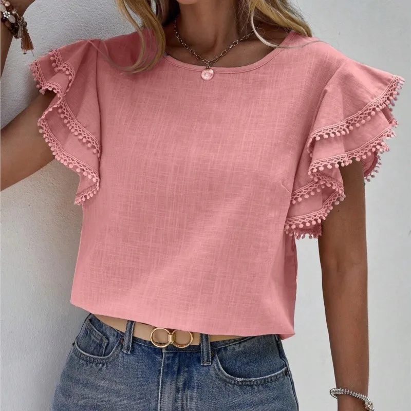 2024 Women's Casual Round Neck Summer Loose Shirt Lotus Leaf Short Sleeve Top Ladies Solid Color Pullover Blouse Black Tops