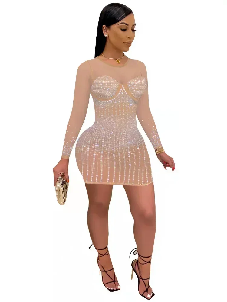 GUWU انظر من خلال شبكة المرقعة مثير كريستال حجر الراين Bodycon فستان شير حفلة ليلة بريق فستان عيد ميلاد النساء كلوبوير