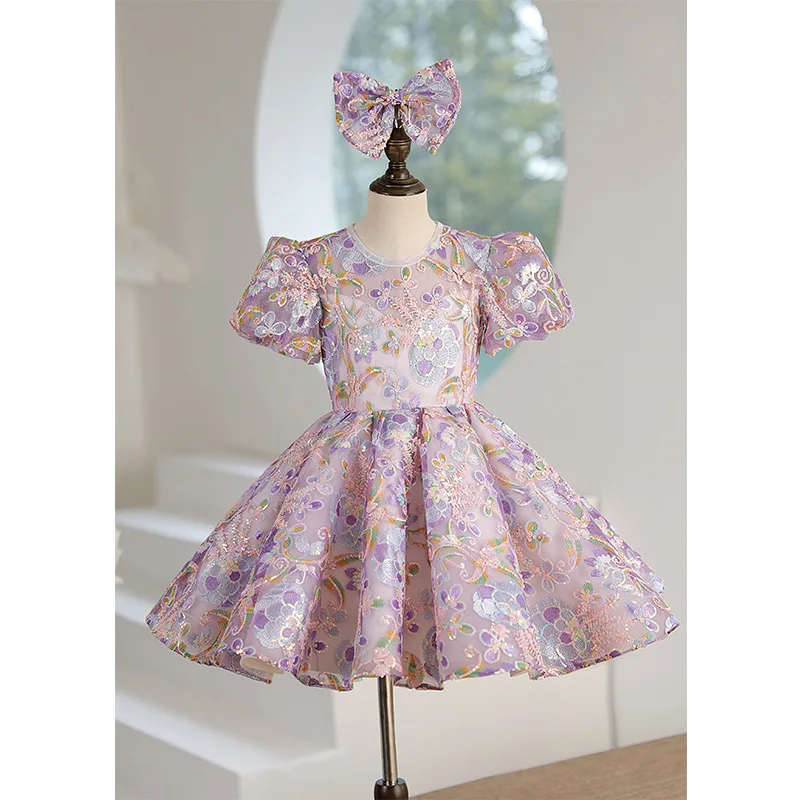 

Children Dress Embroidery Sequins Princess Purple Dress Tutu Skirt Piano Performance Costume Children Host Flower Girl Bow Dress