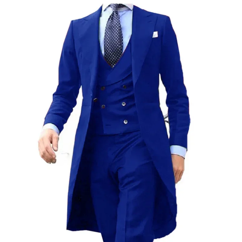 

2024 New Arrivel Royal blue Long Coat Designs Men Suits Set Men Clothing Groom Tuxedos Prom Blazer Custom 3PCS (Top+Vest+Pants)