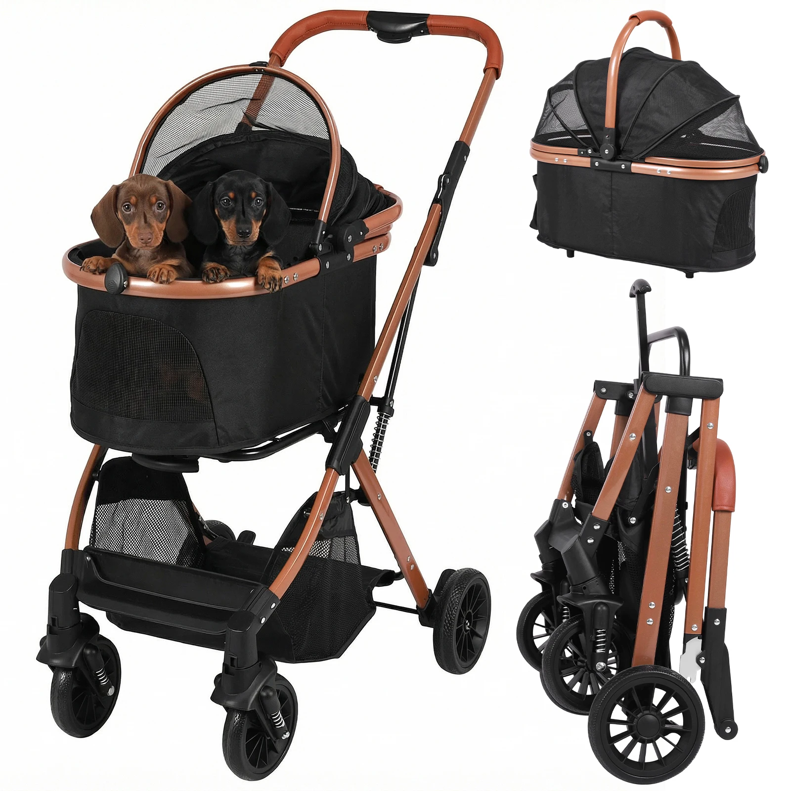 

Pet Stroller with Detachable Carrier Puppy Cage Jogger Stroller Foldable & Ventilated with Sun Shades for Small Medium Dogs Cats