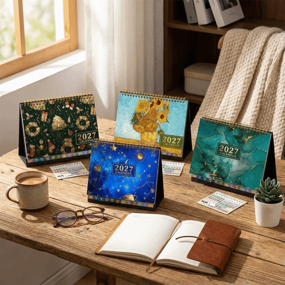 Floral Pattern 2027 Desk Calendar Spiral Bound Decorative Standing Flip Calendar Coil Binding Standing Design Table Calendar