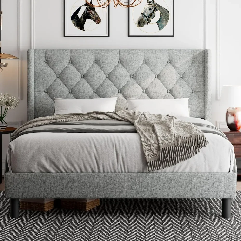 

Platform Bed Frame with Button Tufted Headboard, Upholstered Bed Frame with Solid Wooden Slats, 8" Underbed Space