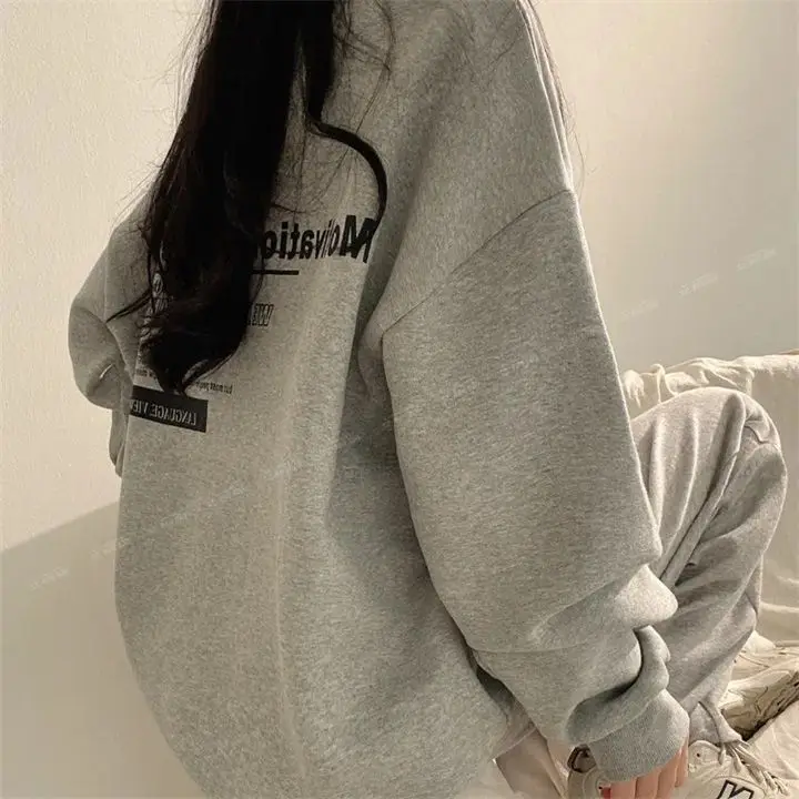 Original sweatshirt women\'s mid-length 2024 new Korean style letter niche cotton loose spring autumn winter velvet top Harajuku