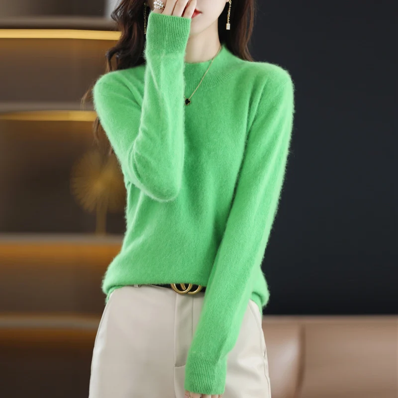 2024 Women\'s Sweater Hoodie Pure Mink Cashmere Knitted Half High Neck Long Sleeve Winter Warm New Style Solid Color High Fashion