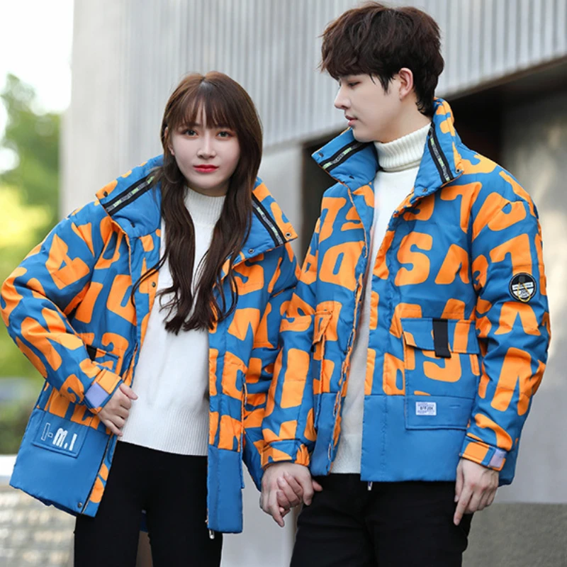 Women's Winter Jacket, Short Down Coats, Stand-up Collar, Thick Loose Warm Parka, Color Clash Letter, High Street, Couple