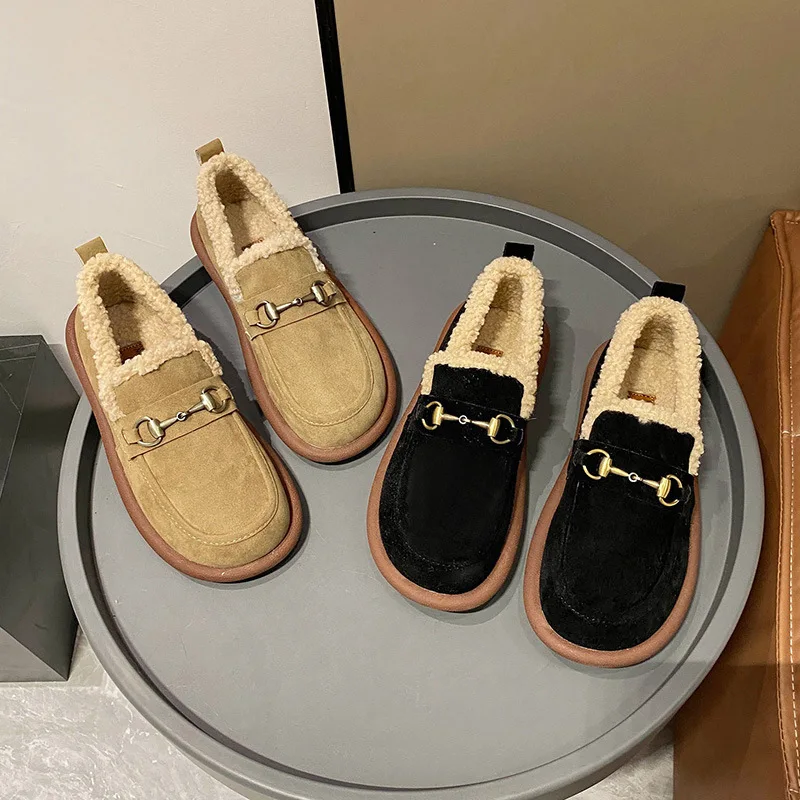 

Leather Fluffy Shoes Outer Wear Metal Buckle Peas Shoes Slip-on Casual Cotton-padded Women's Cotton Shoes Keep Warm In Winte