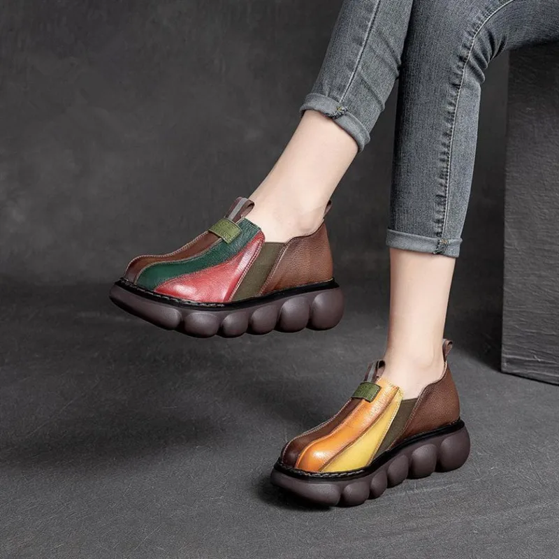 Autumn 2024 New Fashion Ethnic Style Retro Handmade Rainbow Color Female Leather Thick Sole Cake and Casual Shoes