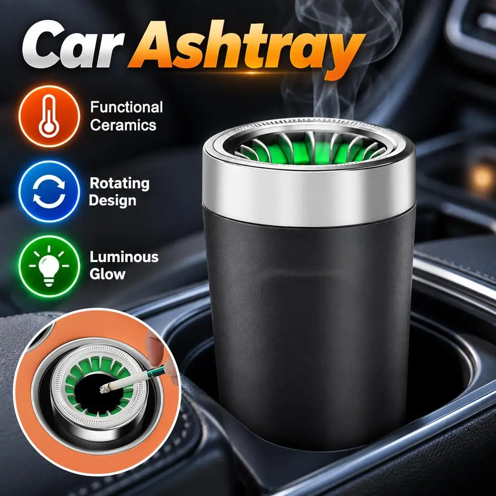 Rotating Lid Car Ashtray Glow in Dark Ash Tray with Ceramic Heat Resistant Liner Wind-Proof Odor Sealed Design Fits Car and Home view 4