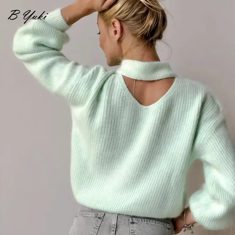 Blessyuki Soft Imitation Mink Down Knitted Sweaters Women Basic Loose V Neck Lazy Pullovers Ladies High Quality Warm Chic Jumper