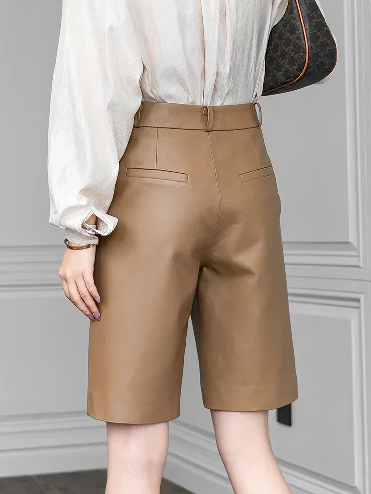 High Quality Real Sheepskin Leather Short Knee-length Women's Clothing Simple Female High Waist Shorts Zjt2400