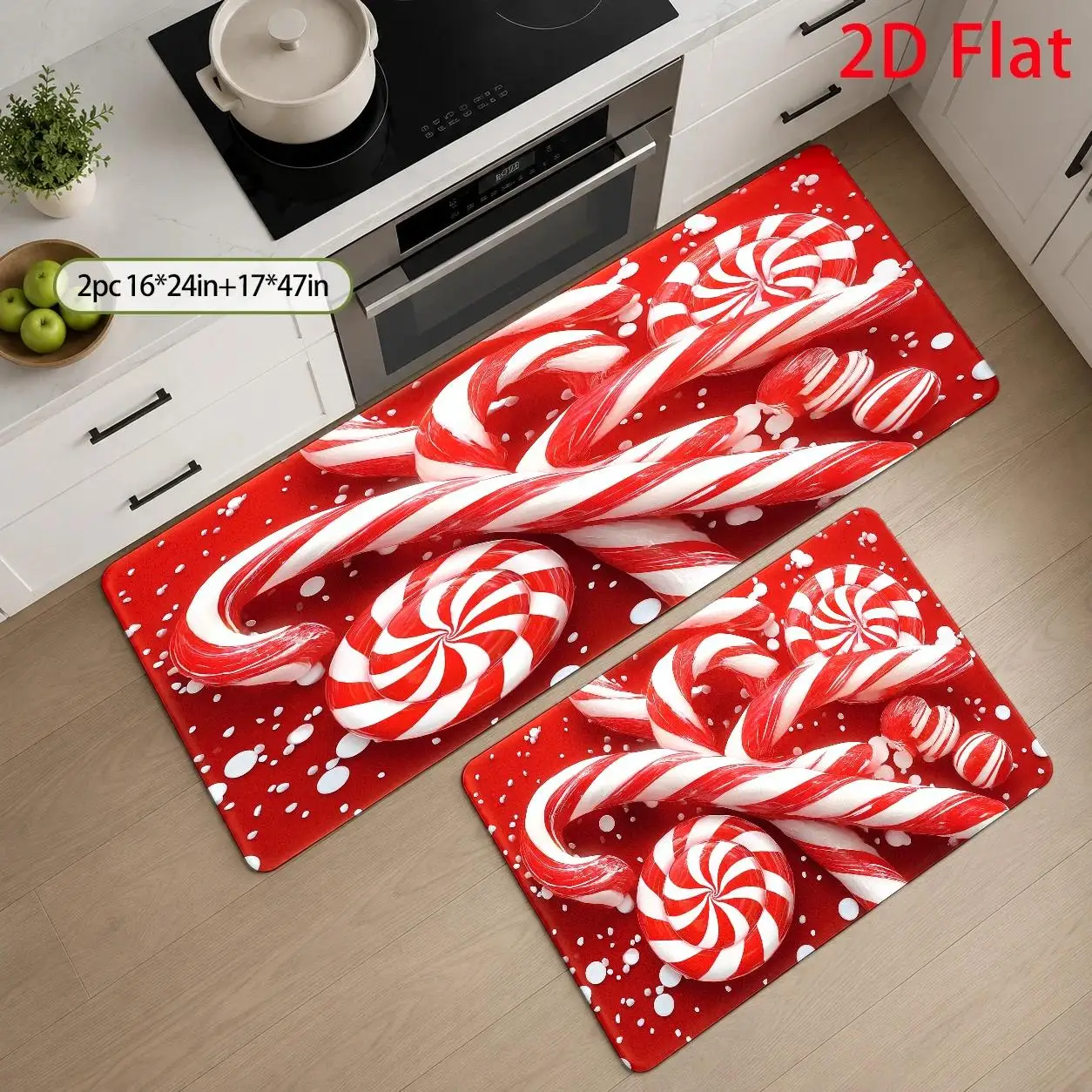 2D‑Printed Red White Stripe Christmas Lamp Rug Set, Decor for Kitchen, Bathroom, Dining Room, Bedroom, Indoor‑Outdoor Parties