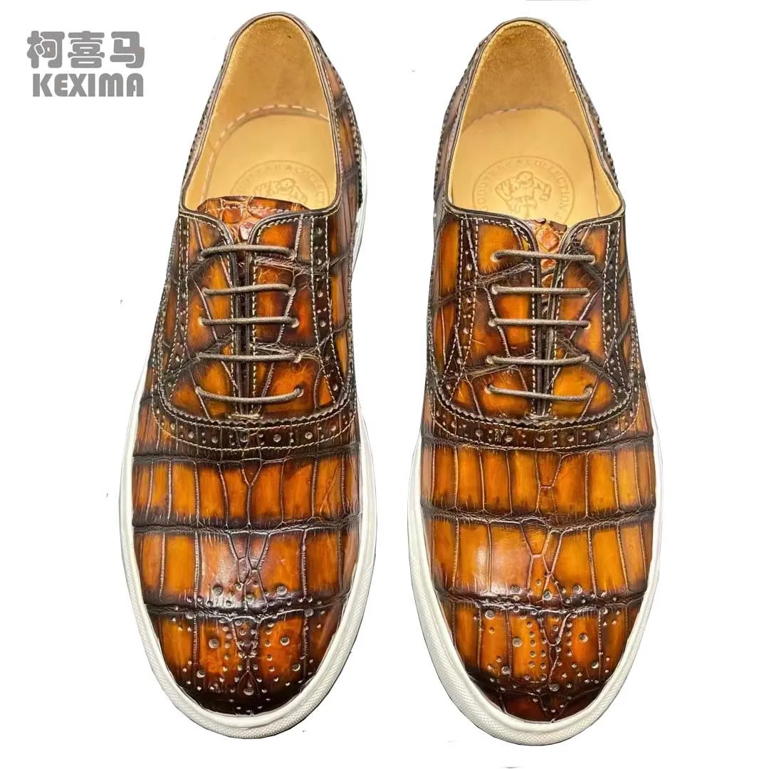 KEXIMA new arrival men crocodile leahter shoes brown color brush men crocodile shoes rubber sole casual shoes