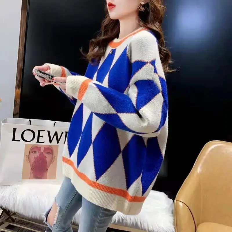 Koreaanse Losse Ronde Hals Contrast Kleur Geruite Truien Herfst Winter Dameskleding Mode Trend Lange Mouw Gebreide Pullover