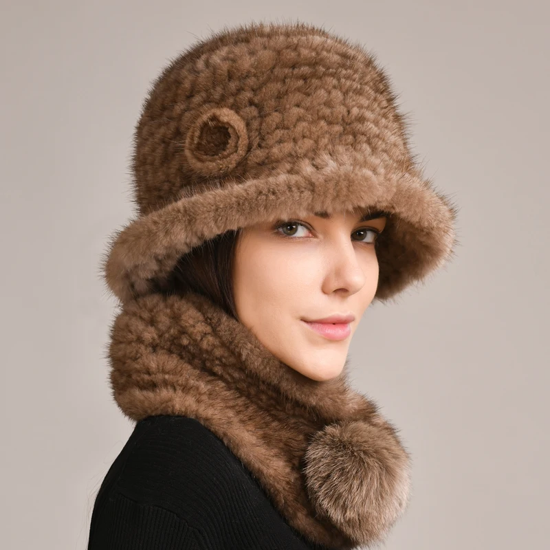 Mink Fur Hat Women Handmand Knitted Fur Hat Scarves Set Winter Scarves Luxury Outdoor Real Mink Fur Hat Fluffy Natural Fur Caps