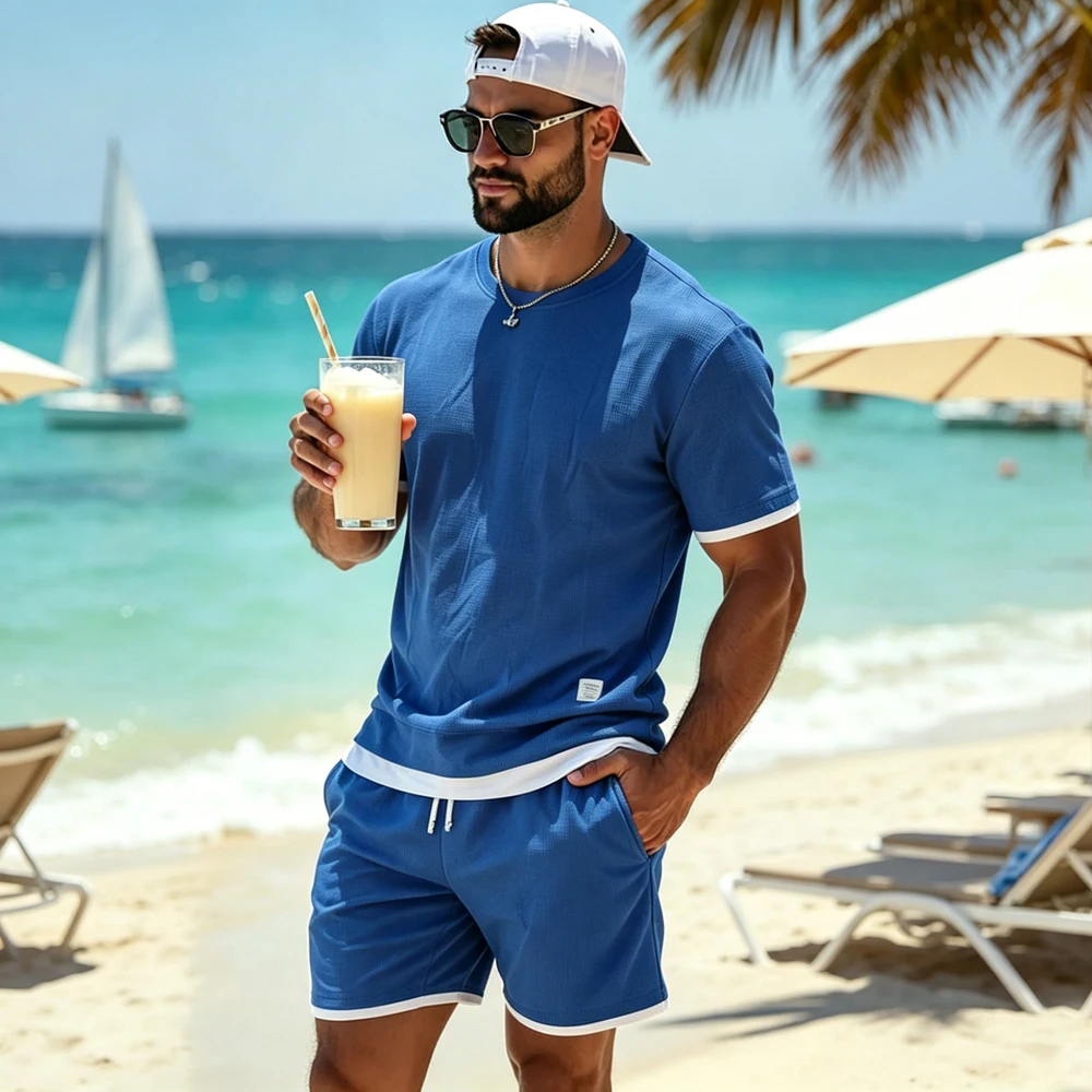 

Men's Summer Solid Color Spliced Short Sleeve T-Shirt and Shorts Set Loose Outdoor Camping Vacation Leisure Simple T-Shirt Set