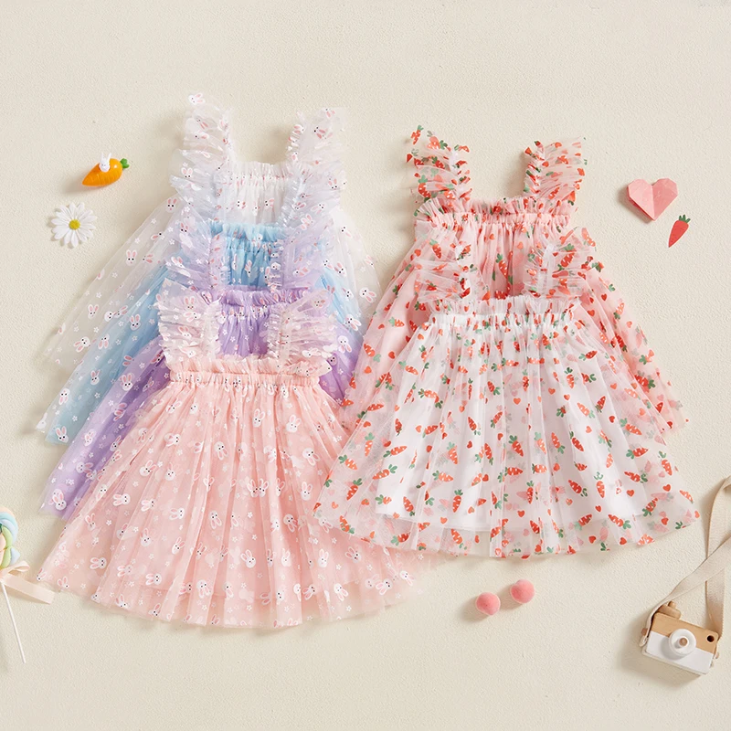 Summer Toddler Kids Baby Girls Easter Dress Princess Infant Carrot/Rabbit Print Sleeveless Mesh Tulle Party Dress Outfits