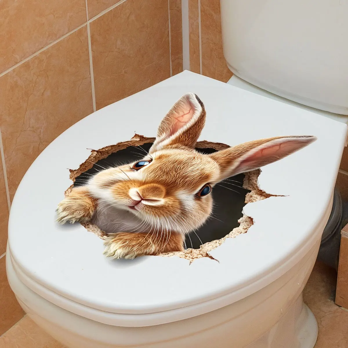2D Flat 1Pc Fun Animal-Themed Wall Sticker for Toilet, Lively and Cute Easter Design with a Rabbit Head Hole Design for Spring and Summer, Self-Adhesive Pvc Wall Decoration Sticker, Suitable for Bathroom, Dining Room, Bedroom, Living Room, Kitchen, Doors, Windows, Cabinets, Glass, Tiles, and Wall Decoration, Cute and Attractive Stickers That Are Practical and Easy to Create a Cozy Space