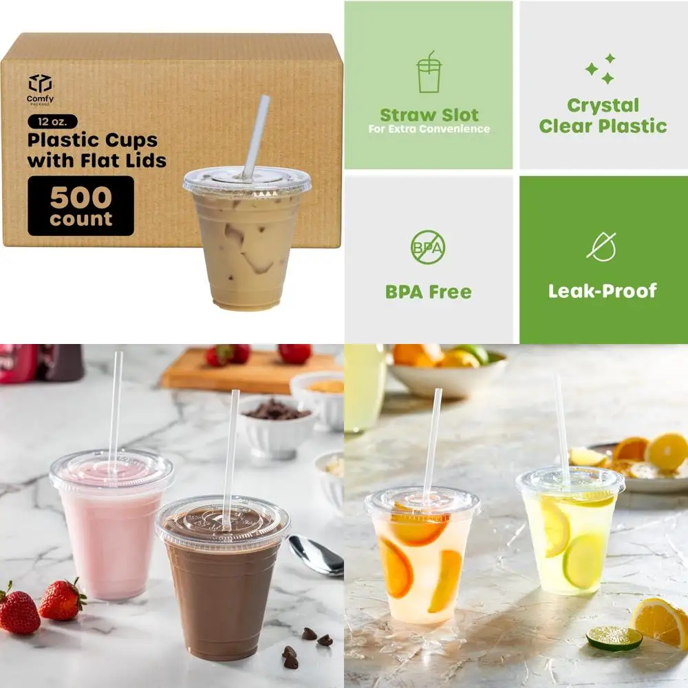 

Disposable 12 oz Clear Plastic Cups with Lids, Ideal for Cold Beverages, Case of 500, Perfect for Coffee and More