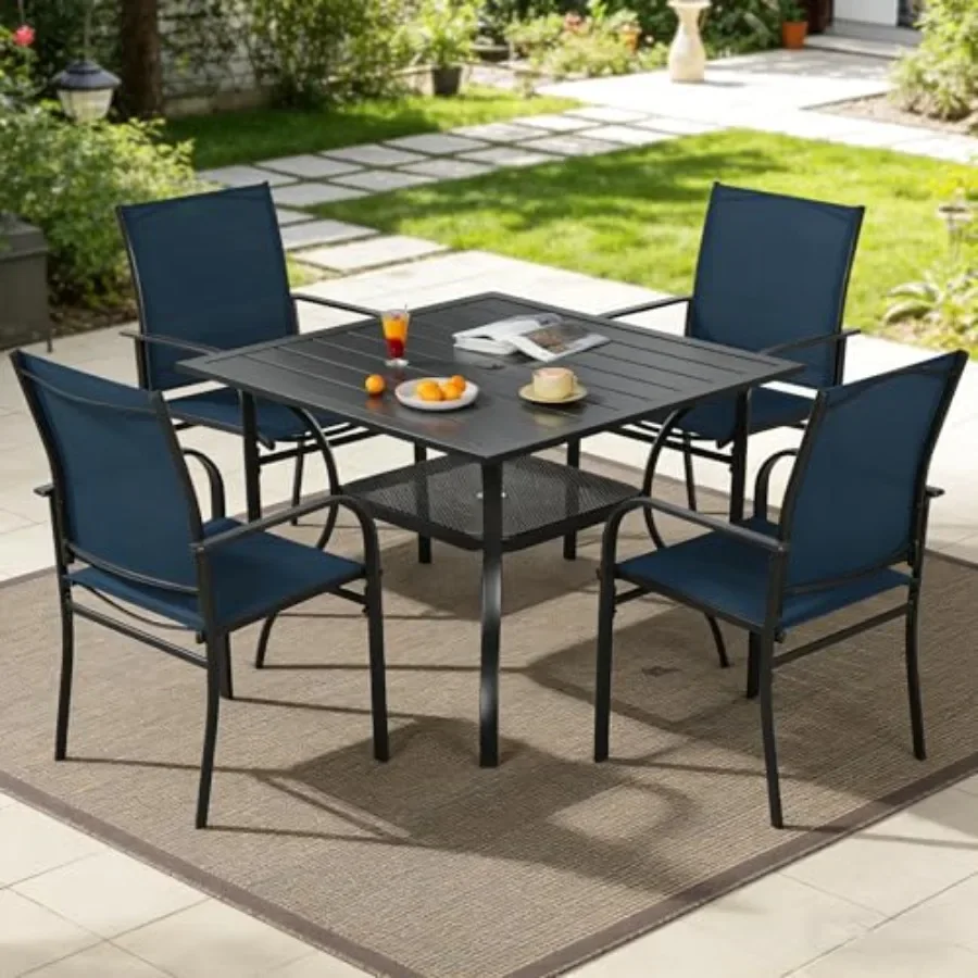 Outdoor dining set for lawn garden backyard deck: 5-pcs furniture set with 4 textilene chairs and 1 steel slat metal bistro tab