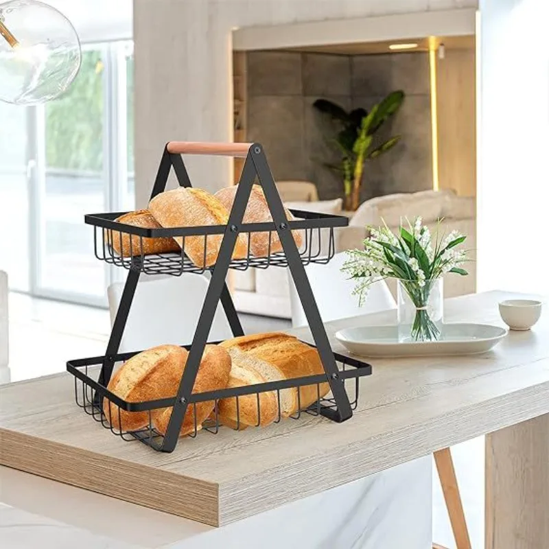 Detachable fruit basket to assemble a three-layer wooden handbasket Living room, kitchen, bread and snack storage basket, shelf