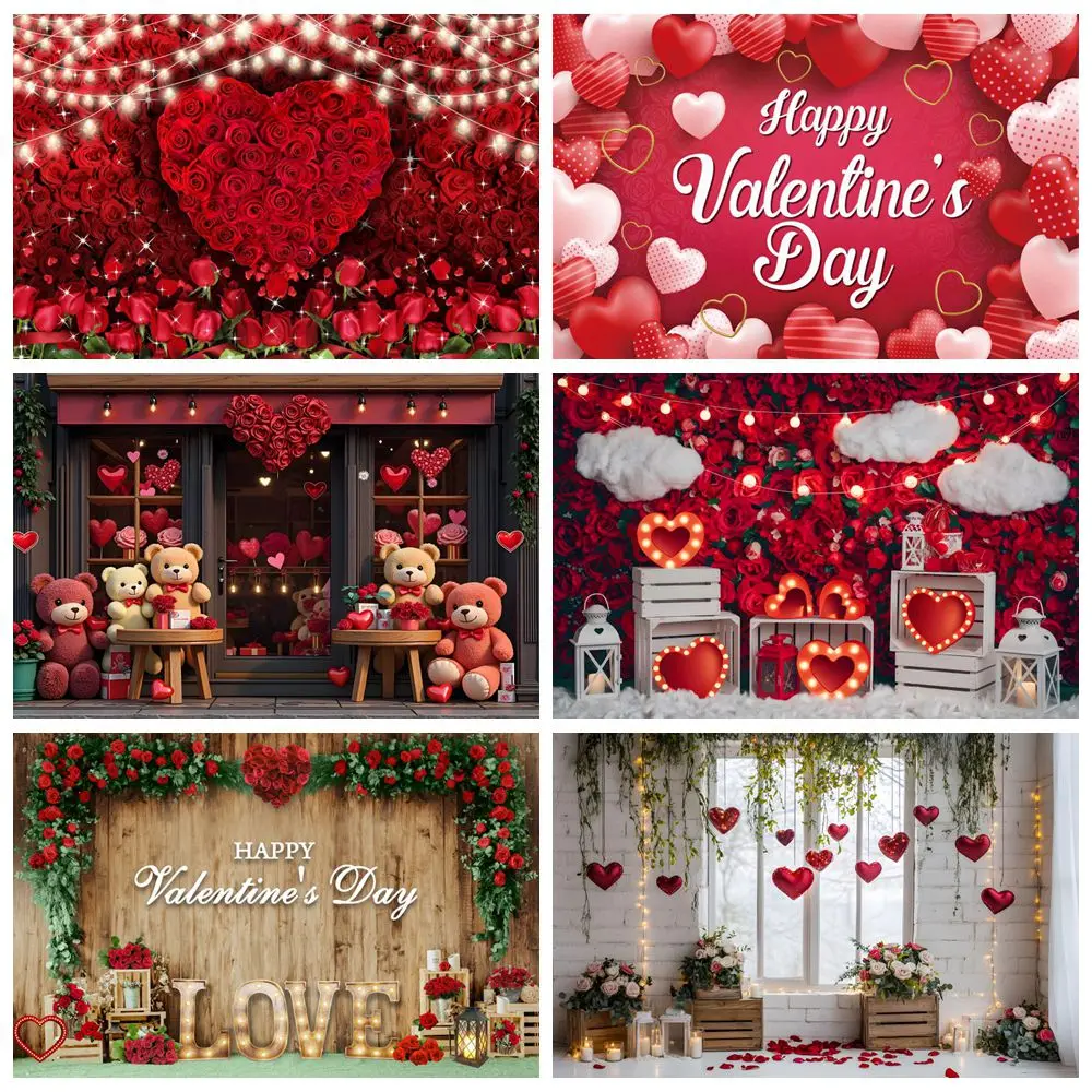 

February 14 Valentine's Day Photography Backdrop Red Rose Flower Love Heart Balloons Proposal Wedding Party Photocall Background