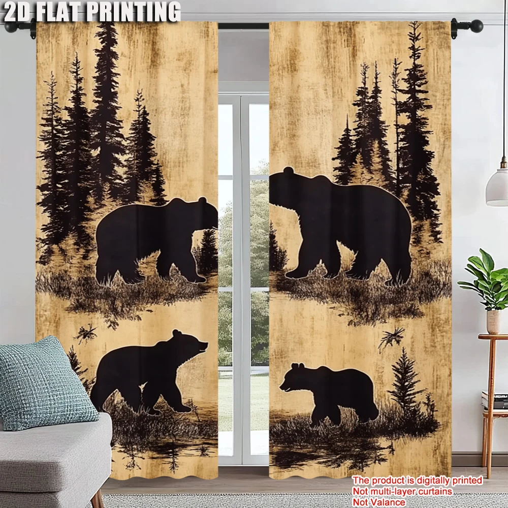 

2Pcs Retro Bear Pattern Window Drapes Rod Pocket Design For Easy Installation Window Curtain For Living Room Bedroom Office