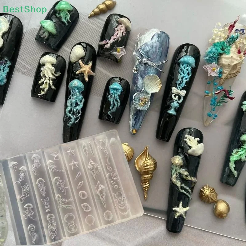 🍄Ocean-themed (Jellyfish/Starfish/Shell)Nail Art Decoration Series,3D Silicone Nail Mold Transparent Manicure Template