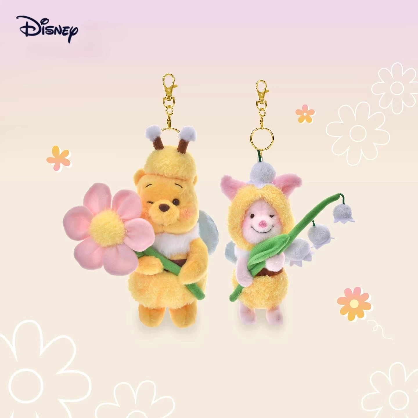 Disney Winnie the Pooh Hundred Acre Wood Honey Blossom Bear Plush Keychain with Flower Bouquet