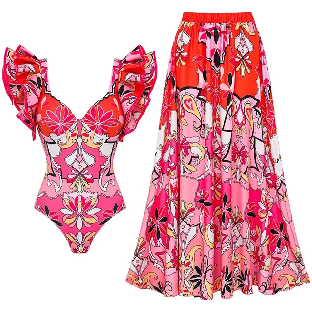 2024 2-Piece Shoulder Ruffle Swimsuit With Cover Up Sexy Women Swimwear Push Up Bikini Sliming Bathsuit Bodysuit Beachwear Dress image 4