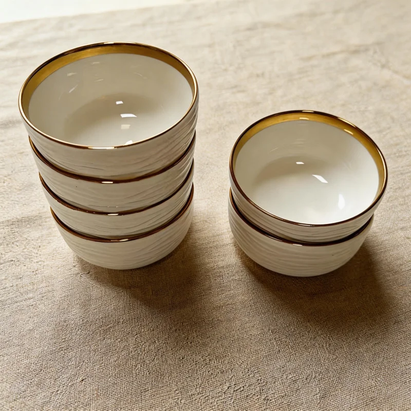 2/4/6One Pack 11.43cm Ceramic bowl set，Light luxury and elegance gold side stripe design，Reusable bowl、Oatmeal bowl、Pasta bowl、F