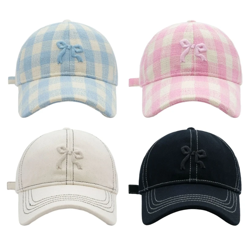 

Women Checkered Baseball Embroidery Bow Wide Brim Hat Photo Props Breathable Embroidery Bow Adults Casual Sport Dropship