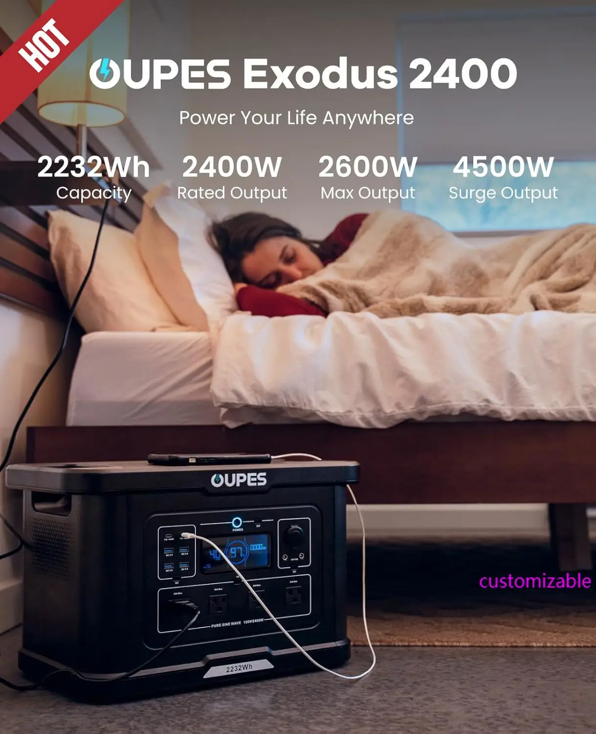 

2400 Portable Power Station - 2400W AC Output, 2232Wh LiFePO4 Battery,1400W Fast Charge & Solar Ready for Home Backup,Camping,RV