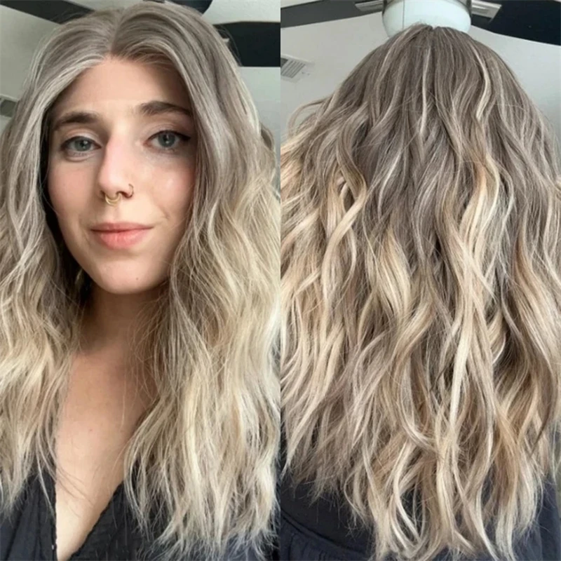 

Party Wig 13x4 Ombre Ash Blonde Brown Soft HD Lace Front Wig Crimped Curls High Quality Synthetic Wig Preplucked Hairline Daily