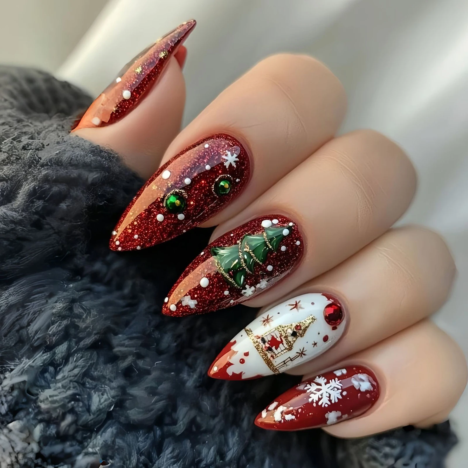 24pcs Glitter Red Almond False Nails Xmas Tree Snowflake Designs Press On Nails Christmas Theme New Year Wearable Fake Nail Tips