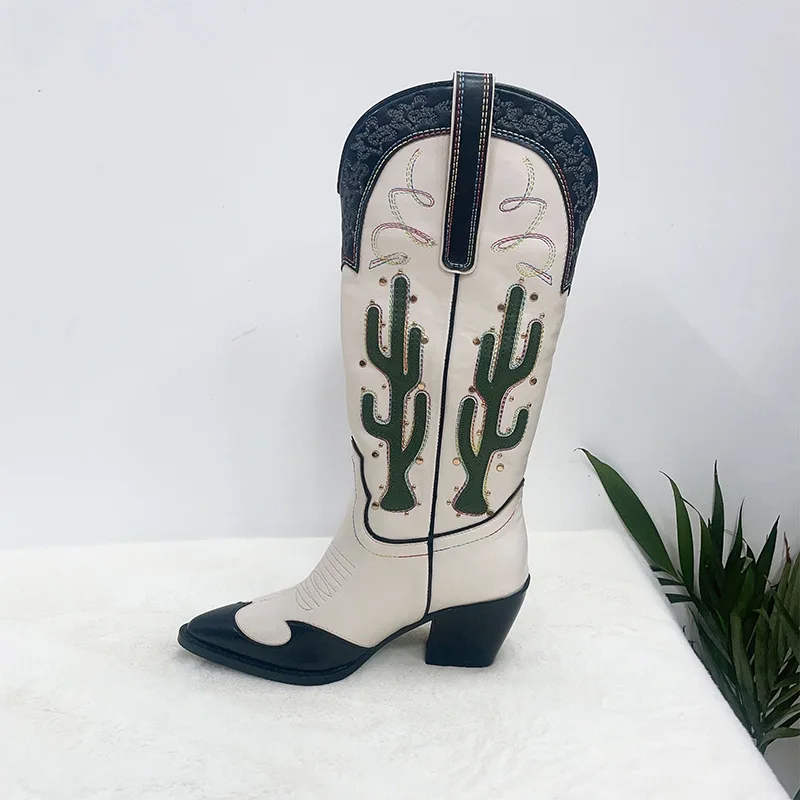 Brand Design Cactus Metal Rivet Western Cowboy Boots Retro Pointed Square Heel Embroidered Knight Boots Sexy Women's Boots