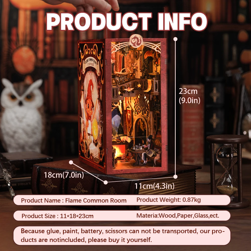 CUTEBEE DIY Book Nook Kit Miniature DIY Dollhouse with Lights Dustcover Bookshelf Insert Home Decor for Flame Common Room